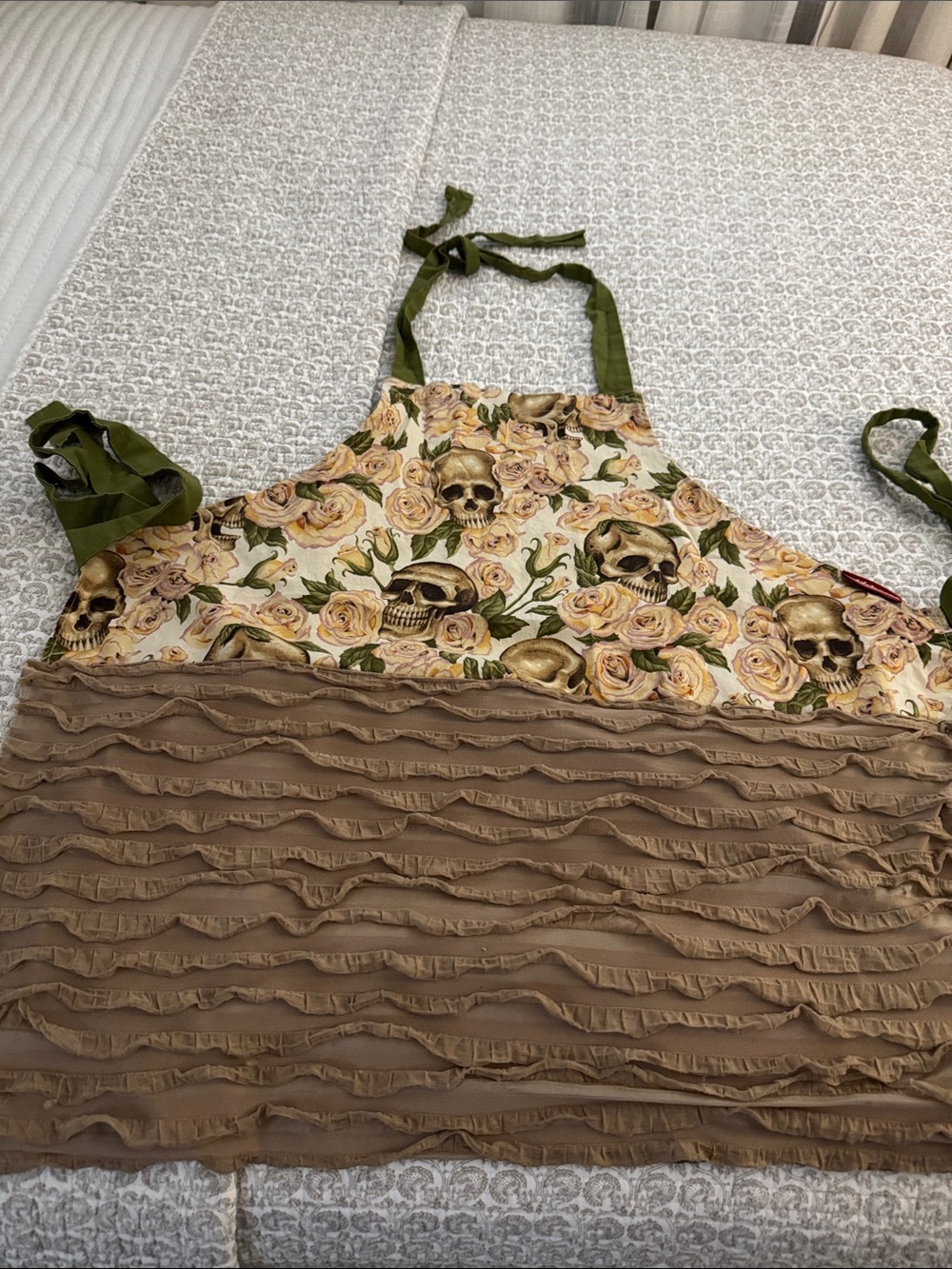 Floral Skull Ruffle Apron Top in Olive and Beige